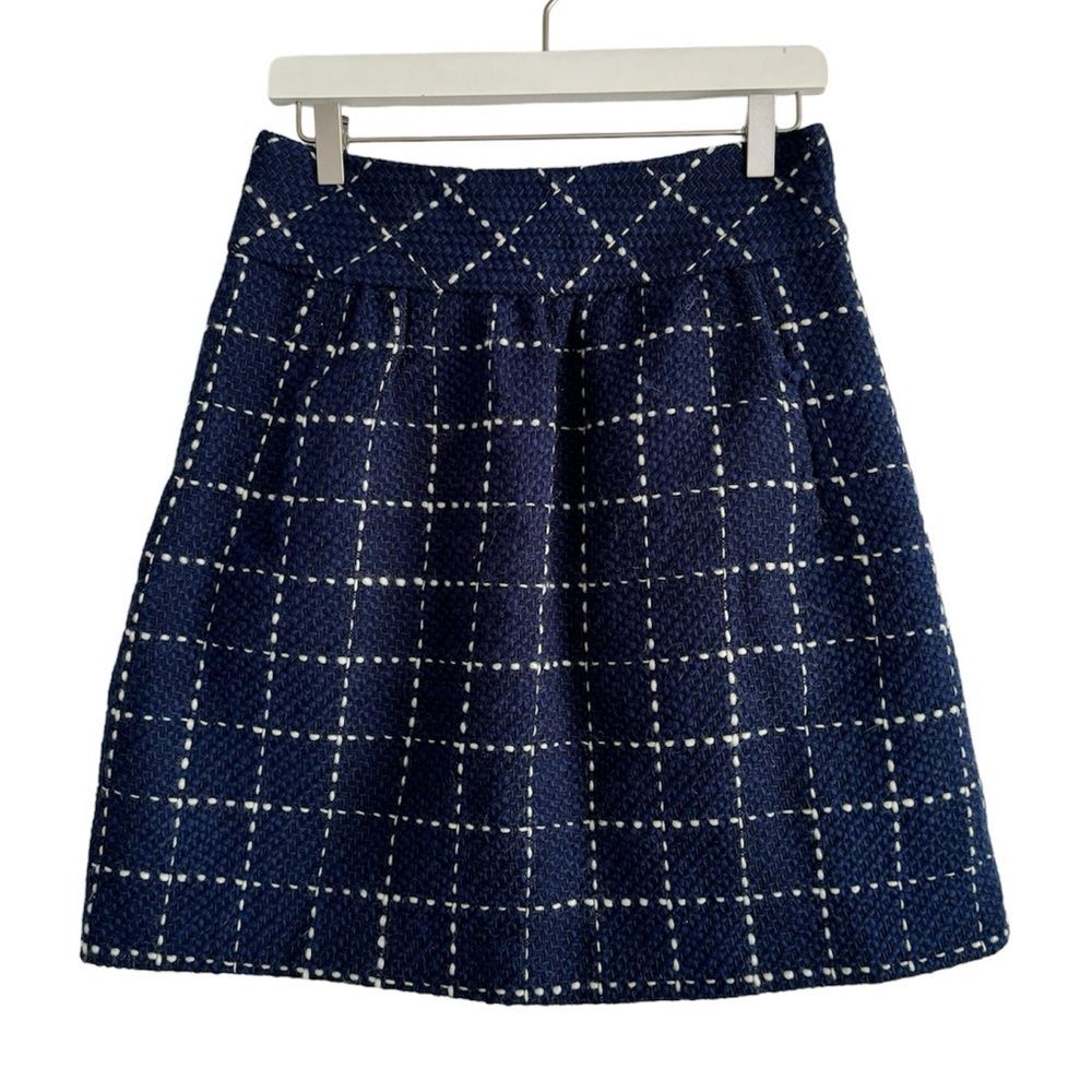 Anthropologie Maeve Navy Blue Check Stitch Wool Full Mini Skirt